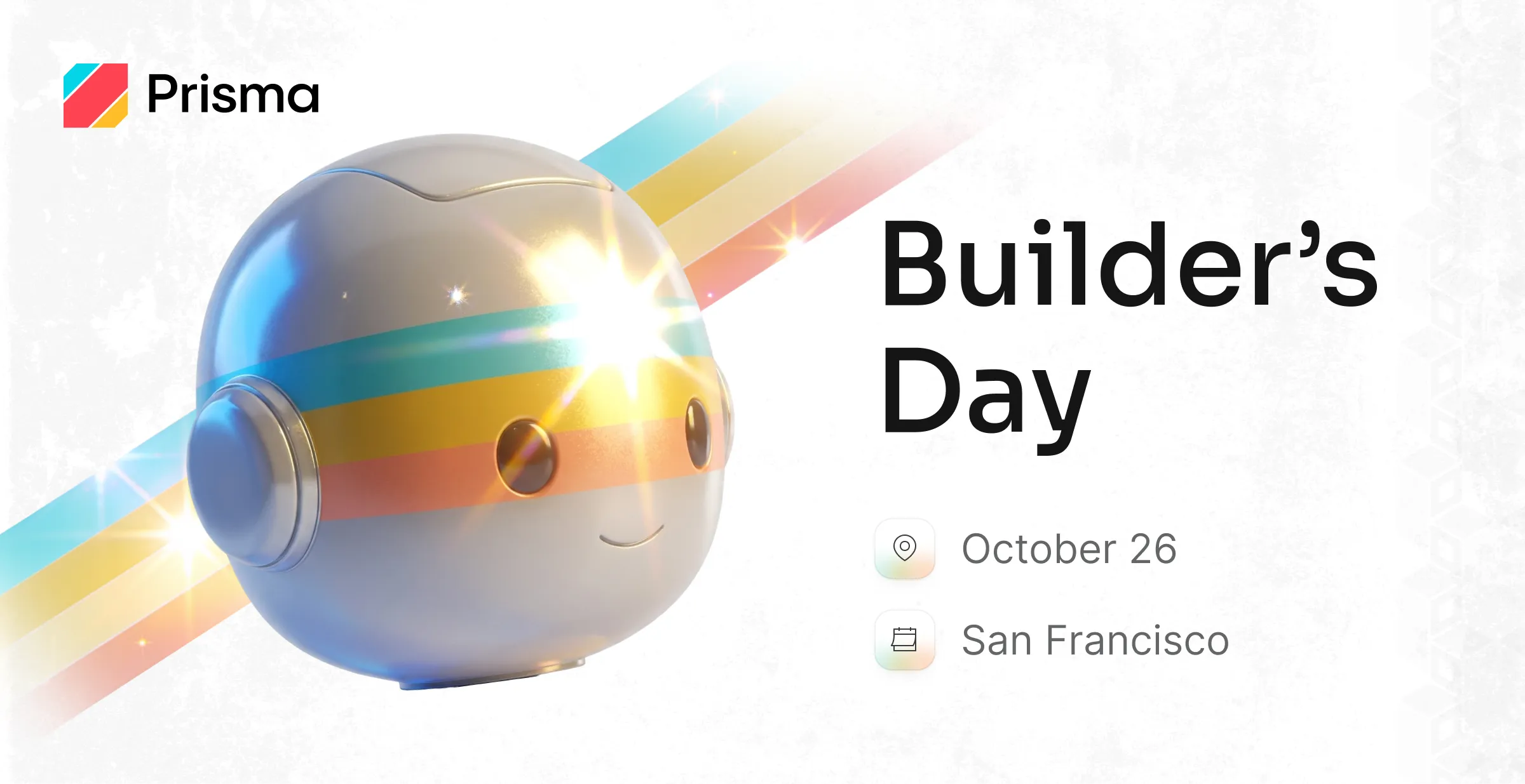 Prisma's robot mascot wearing a rainbow-striped visor, crossed by a prism light streak.